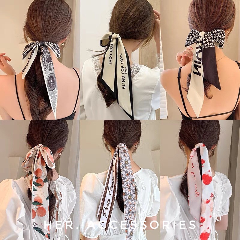 Khăn lụa nơ dây ruy băng cột tóc vải Satin Retro phong cách Pháp phụ kiện tóc đa năng nữ tính dịu dàng cá tính đáng yêu