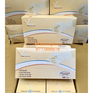 Găng tay y tế Vglove không bột phủ Polymer Khải Hoàn 100 chiếc / hộp - Găng tay Vglove không bột màu trắng