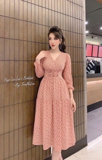 Đầm hồng hoa nhí đan dây eo