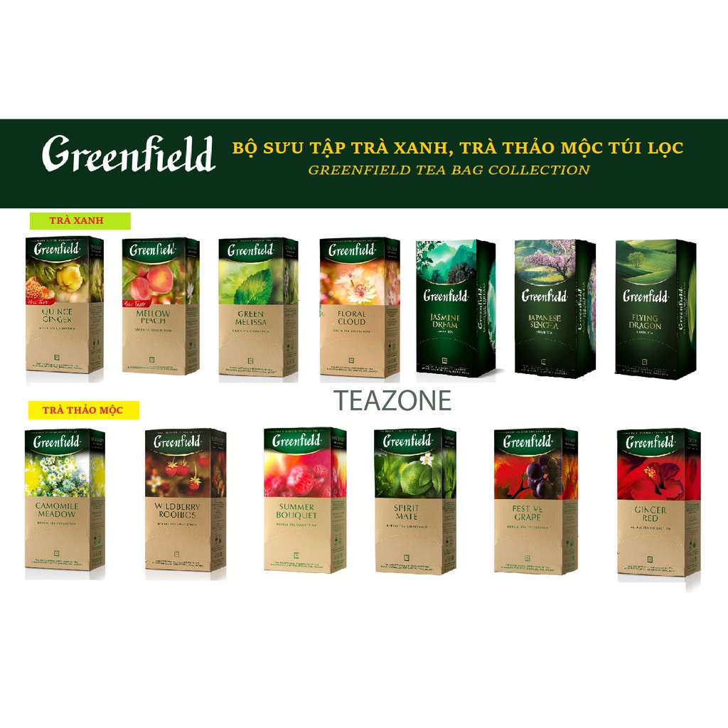 Trà túi lọc Greenfield của Nga - Trà xanh, trà thảo mộc Greenfield hộp 25 gói x 1g