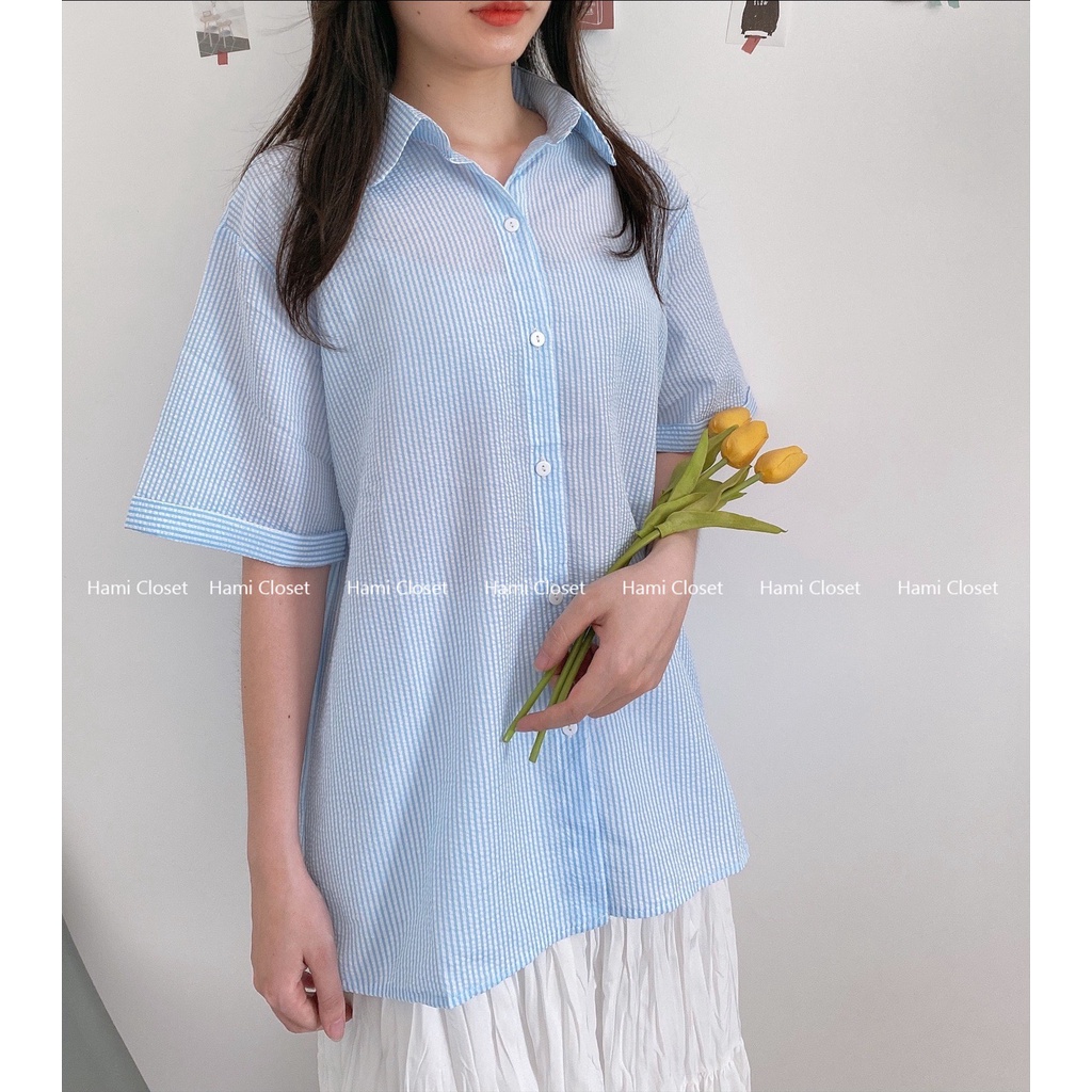 Áo sơ mi kẻ caro ngắn tay cổ đức xoắn sau lưng phong cách ulzzang Hàn quốc