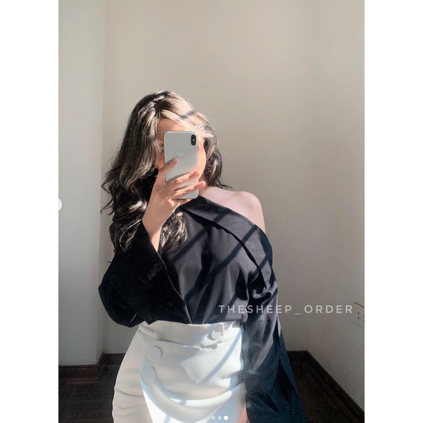 ORDER Áo sơ mi lệch vai vải lụa sang chảnh
