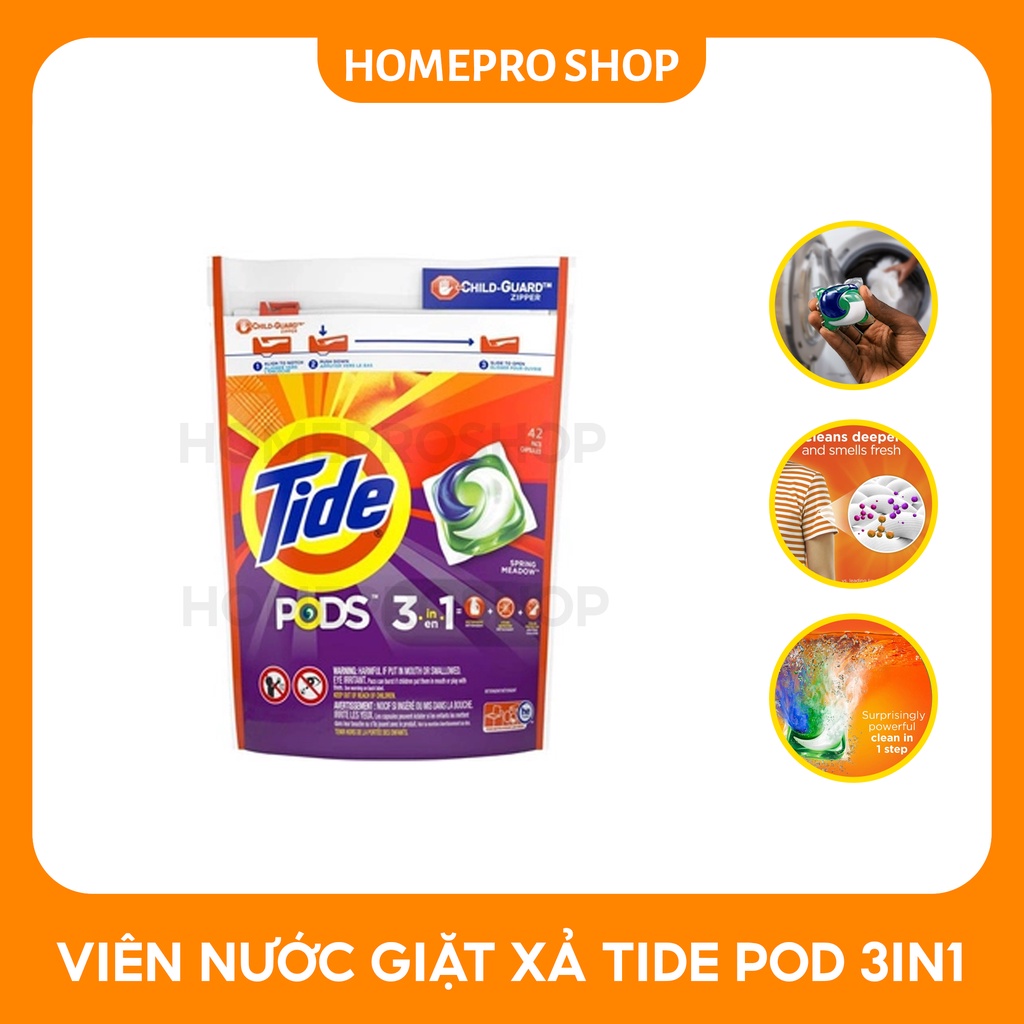 Viên giặt xả Tide Pods 3 in 1 gói 42 viên của Mỹ, Nhập khẩu chính hãng, giao nhanh hoả tốc 2h