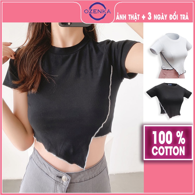 Áo croptop ngắn tay cổ tròn ôm body nữ OZENKA , áo crt vạt lệch cải viền rẻ đẹp màu đen trắng dưới 50 cân