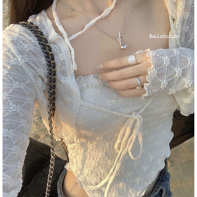 Set đồ COZOKC gồm áo khoác cardigan và áo hai dây phối ren phong cách quyến rũ