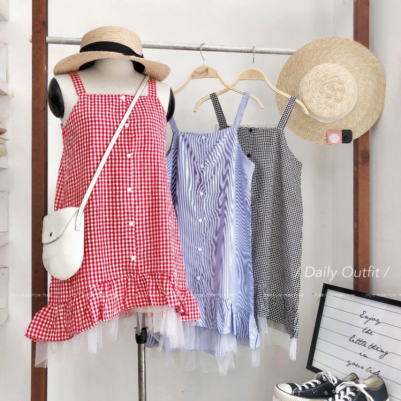 Đầm 2s hàng nút kiểu xòe bèo ren 3 màu caro freesize Pumi