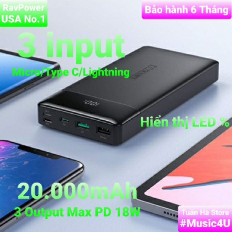 Sạc pin dự phòng RavPower 20000 mAh, 3 cổng vào, 3 cổng ra PD 18W Lightning Type C Micro USB Tuấn Hà store