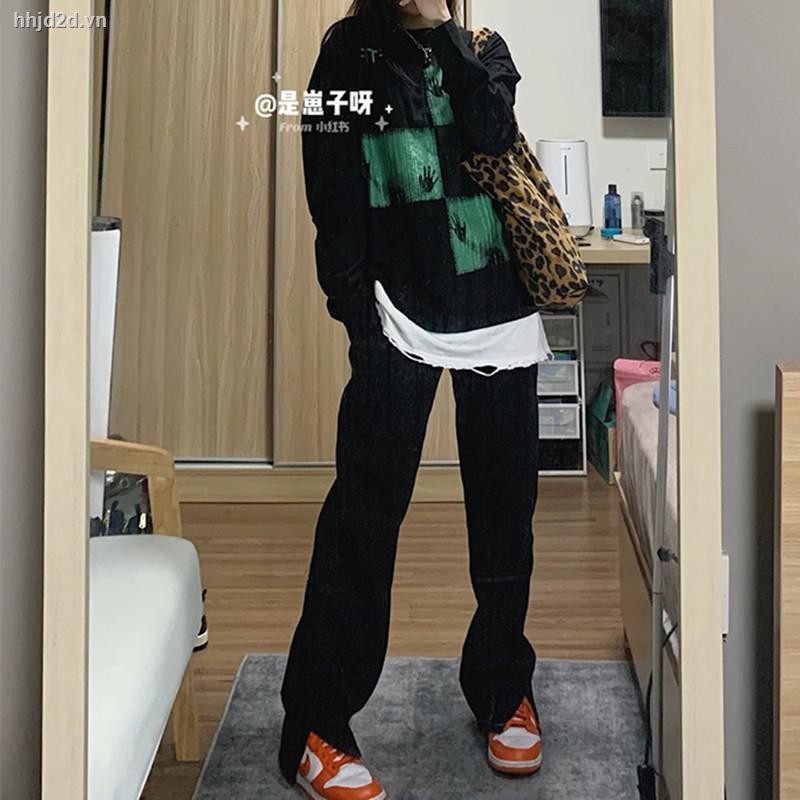 Quần jean đen lưng cao ống rộng xẻ tà thời trang thu đông cho nữ