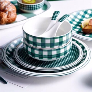 Set Bát đĩa sứ cao cấp kẻ caro hiện đại