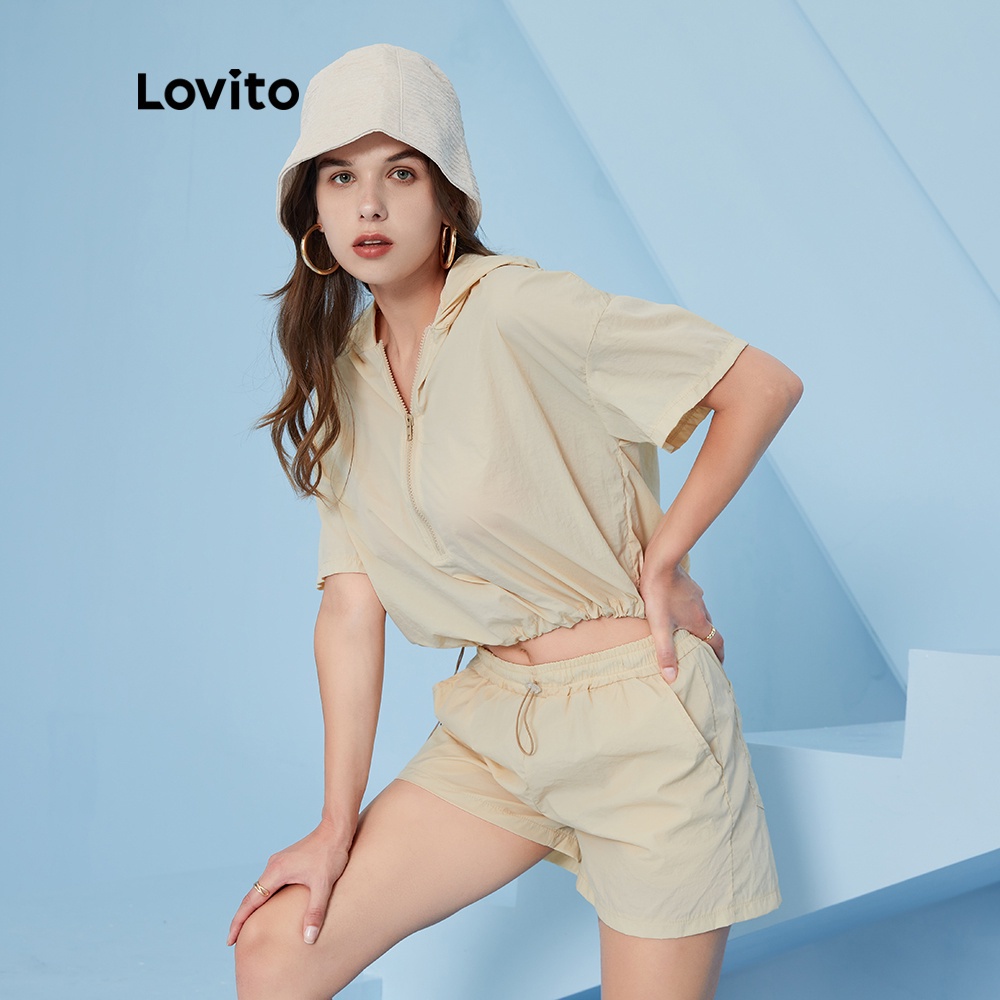 Set trang phục Lovito 2 trong 1 dáng rộng màu trơn đơn giản L04097 (Màu kaki)
