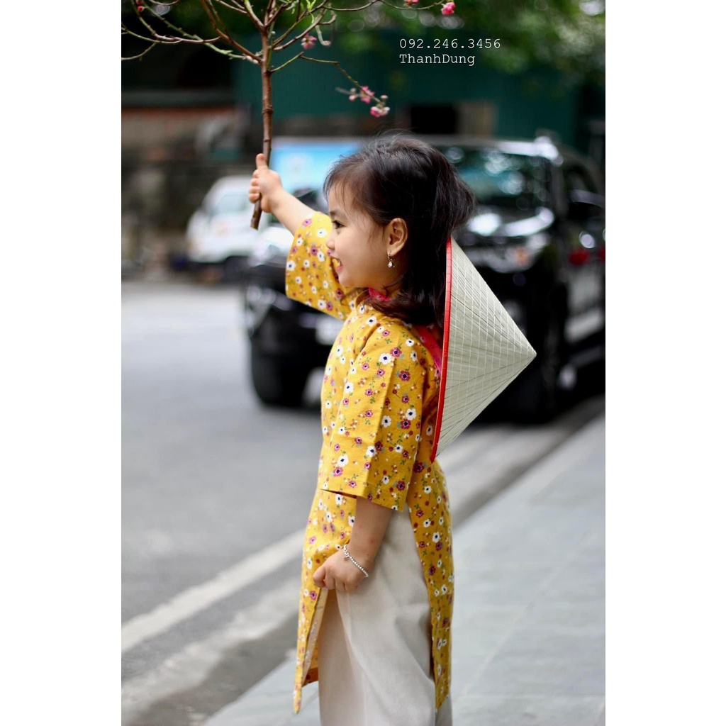 Sét áo dài truyền thống tặng kèm turban cho bé gái chất liệu thô cà bông và quần nhung tăm