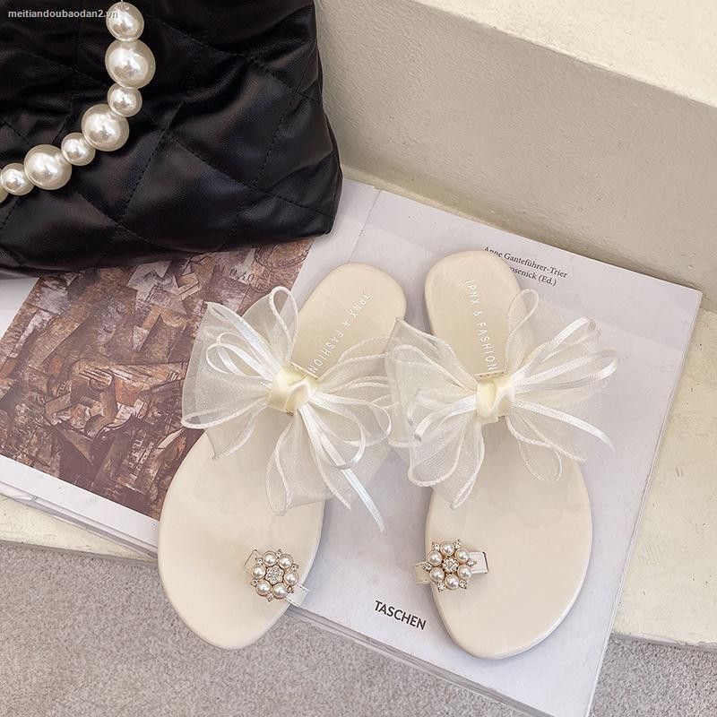 Dép sandal đế bằng phối lưới đính hạt phong cách Hàn Quốc thời trang mùa hè 2021 dành cho nữ