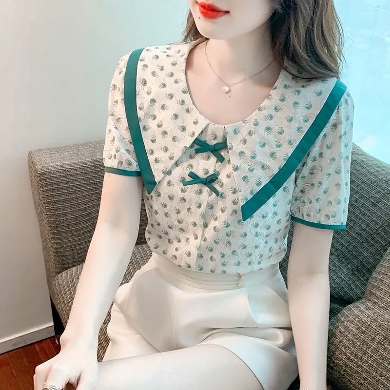 Áo Sơ Mi chiffon Tay Ngắn Dáng Rộng Thắt Nơ Thời Trang Mùa Hè Cho Nữ