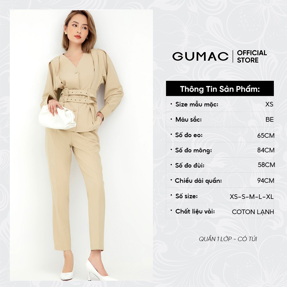 [Mã WABRGU72 giảm 10% tối đa 50k đơn 250k] Quần tây nữ xếp ly GUMAC ống bó màu be QB5132 | BigBuy360 - bigbuy360.vn