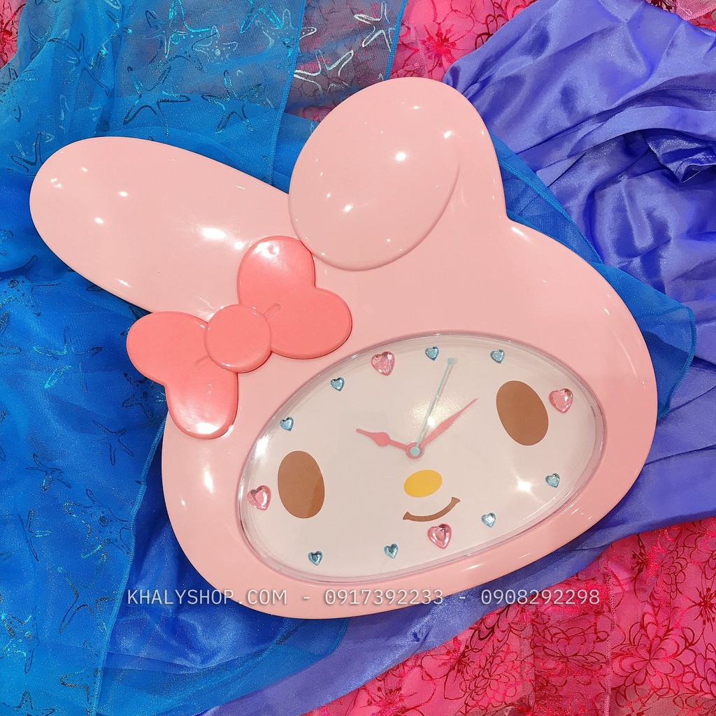 Đồng hồ treo tường hình đầu bé thỏ Melody 3D màu hồng nhạt (bạn của Mèo Kitty) dành cho bé gái, các bạn nữ - 72NDH3DMELO