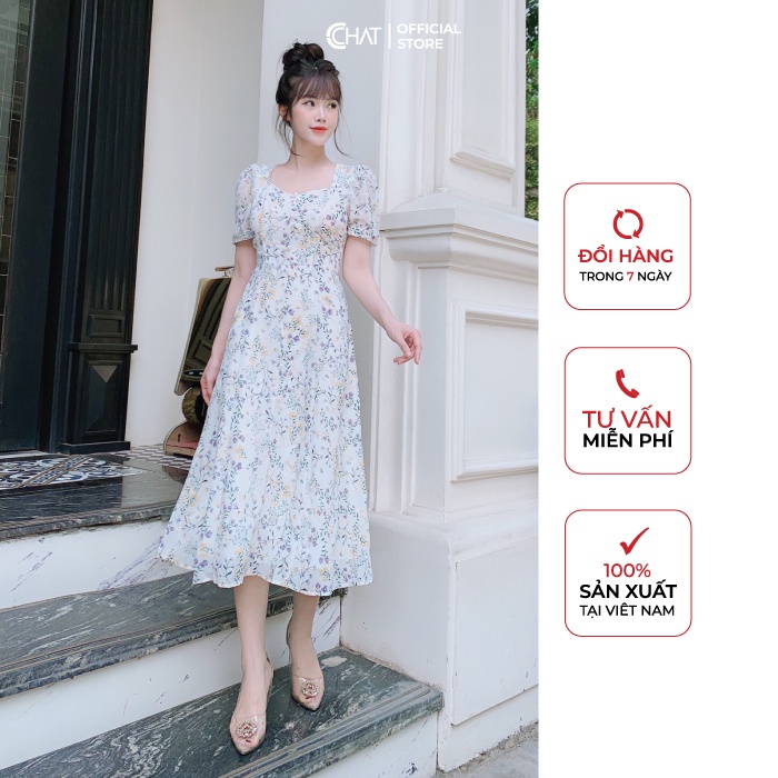 Váy nữ xoè bổ mảnh hoạ tiết CCHAT