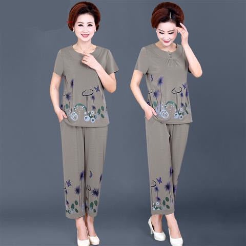 Bộ quần áo mùa hè của người già, bộ đồ hai dây ngắn tay của mẹ