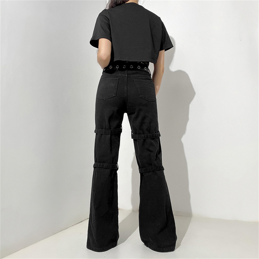 Quần jean túi hộp 10MK ống rộng cạp cao gắn khóa kim loại in hình phong cách hip hop goth punk Harajuku cho nữ