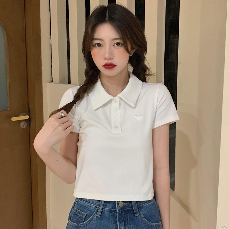 Áo thun croptop tay ngắn thêu hình trái tim phong cách Hàn Quốc cho nữ