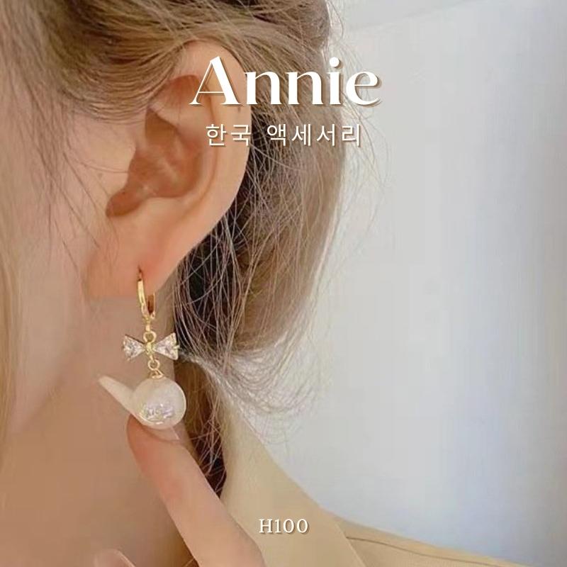 Bông tai ngọc trai nhân tạo hình nơ đính đá pha lê phong cách nữa tính ANNIE H99