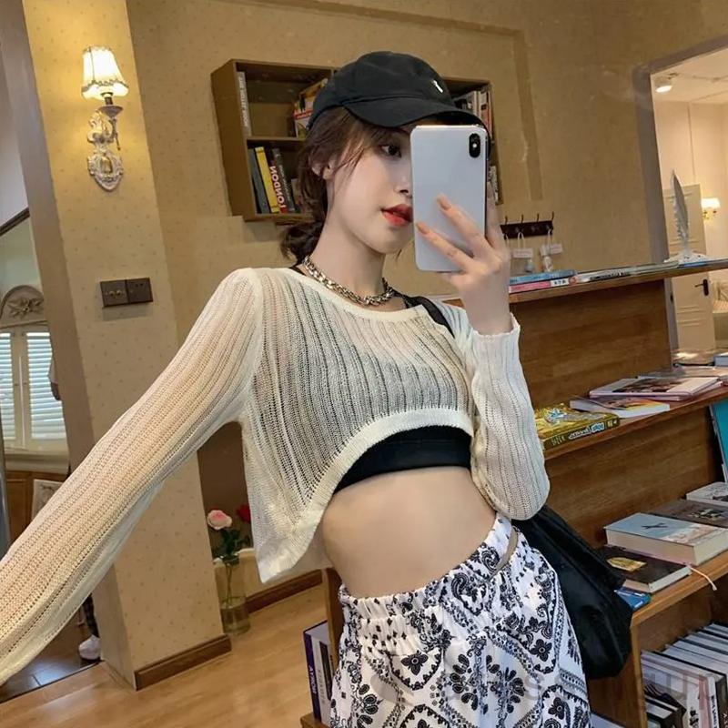 DRE-Women Summer Tops, Solid Color Long Sleeve Round Neck Cutout Sheer Knitted Tops