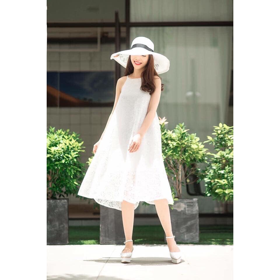 Đầm ren hai dây đi biển, thiết kế dáng xòe, hai màu trắng và đen (kèm ảnh thật và ảnh feedback)