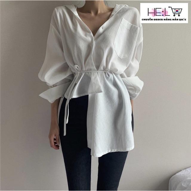 Áo sơ mi 💖FREESHIP💖 Áo sơ mi kiểu kèm đai dài tay Hàn Quốc