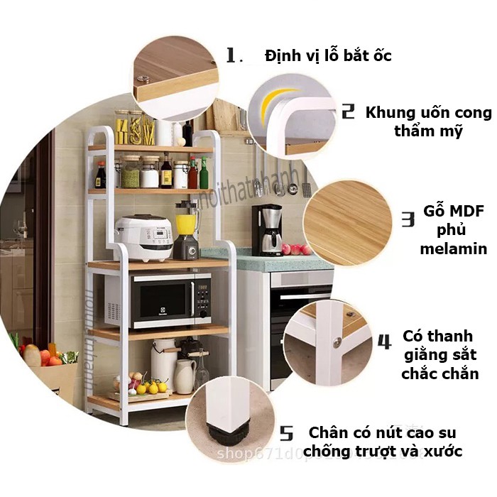 Kệ lò vi sóng, thiết kế khung sắt mặt gỗ chắc chắn, mọi liên kết đã được định vị sẵn khi lắp đặt