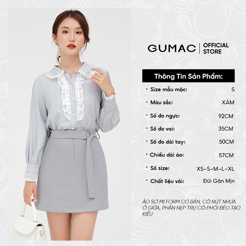 [Mã WABRGU72 giảm 10% tối đa 50k đơn 250k] Áo sơ mi nữ phối bèo GUMAC màu xám, thiết kế tay dài AB5121