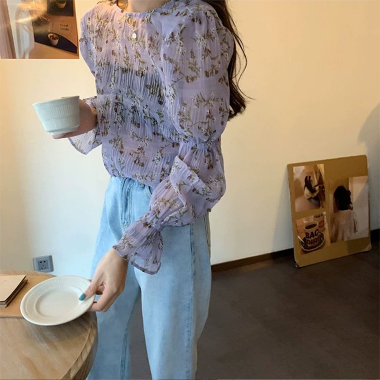 Áo sơ mi chiffon mỏng tay dài dáng rộng in hoa tím kiểu Hàn Quốc thời trang xuân thu 2020