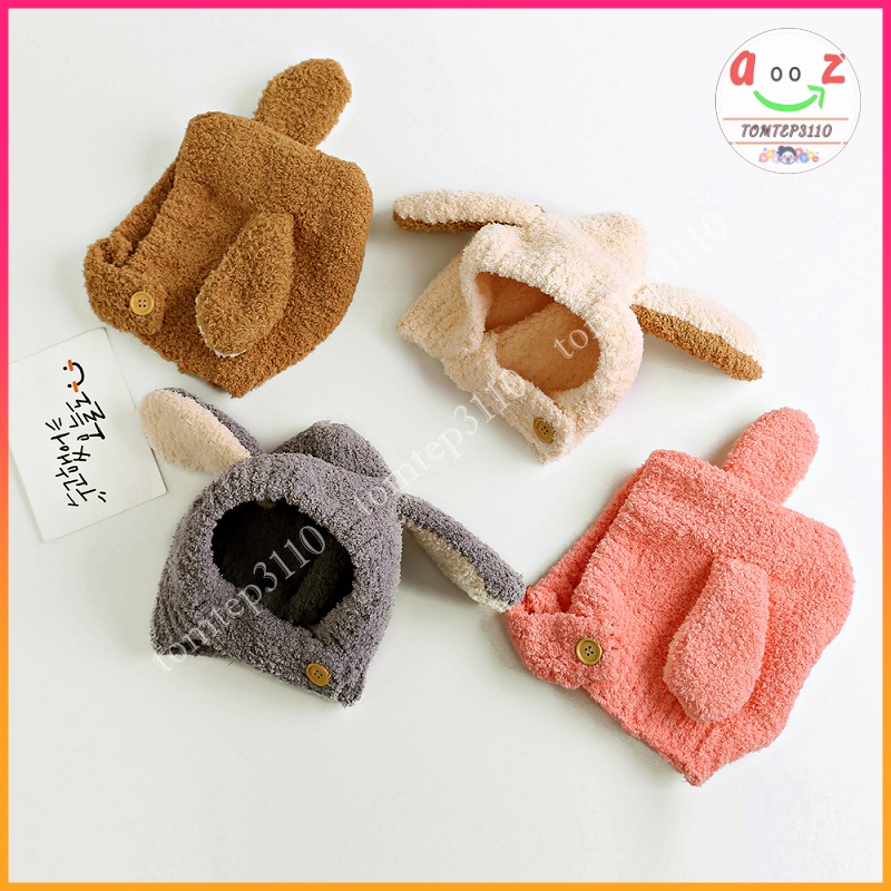 Mũ Len Lông Cừu Tai Thỏ, Mũ Len Trùm Đầu Có Cúc Chất Siêu Mềm Và Ấm Cho Bé 6-36 Tháng
