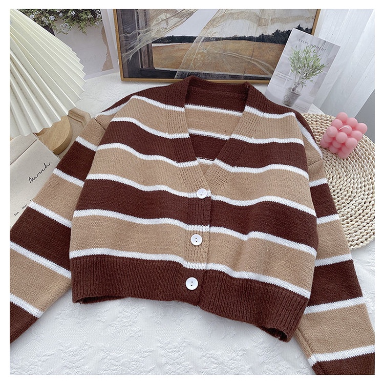 Áo Sweater Dệt Kim Mỏng Dáng Rộng Tay Dài Kẻ Sọc Màu Sắc Tương Phản Thời Trang Mùa Thu Cho Nữ