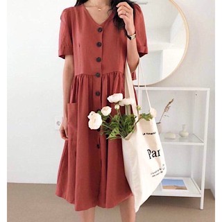 Đầm midi, váy dạo phố nút trước 2 túi