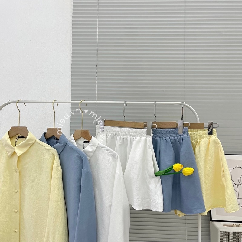 Set áo sơ mi quần short xòe style khoác ngoài trẻ trung freesize MIEU - JA11