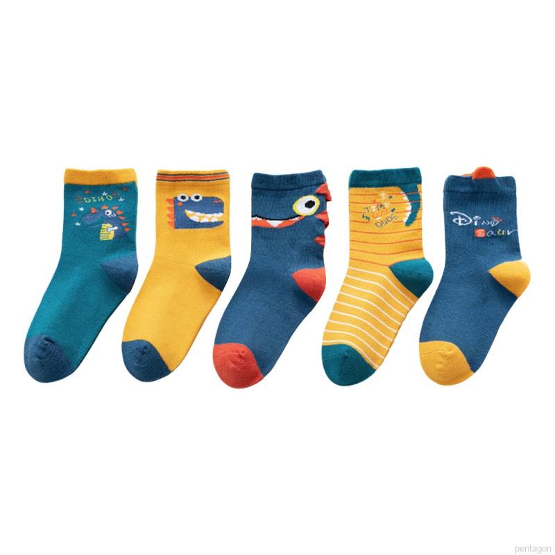 Set 5 đôi tất cotton mềm thoáng khí in hình khủng long hoạt hình cho bé trai từ 1-12 tuổi