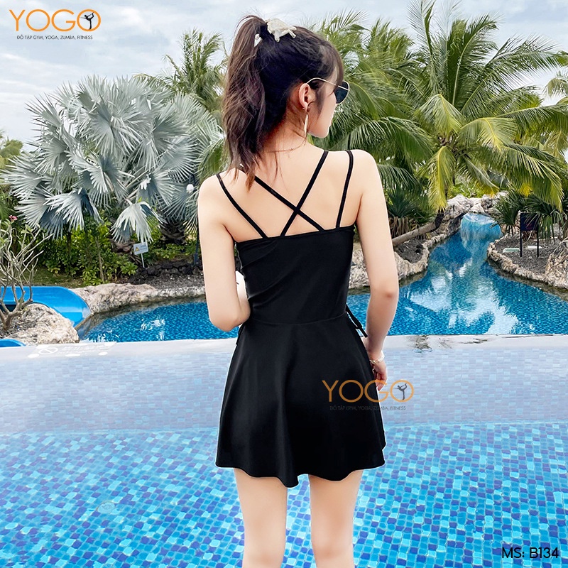 Đồ Bơi Bikini Nữ Một Mảnh Liền Thân Áo Hai Dây Ôm Ngực Váy Xòe Che Bụng Có Quần Đùi Kín Đáo Mặc Đi Biển Đi Bơi YOGO B134