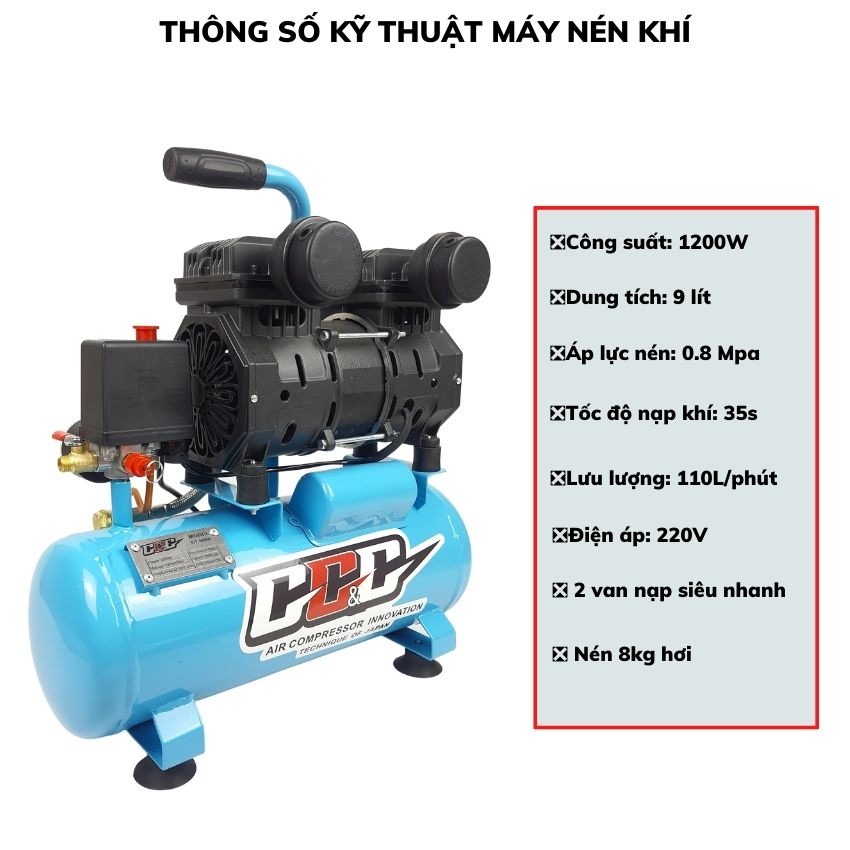 Máy nén khí mini không dầu, ít ồn, 9 lít 1200w chính hãng GGG, 2 van nạp khí 35s đầy bình chuyên dùng phun sơn, xì khô