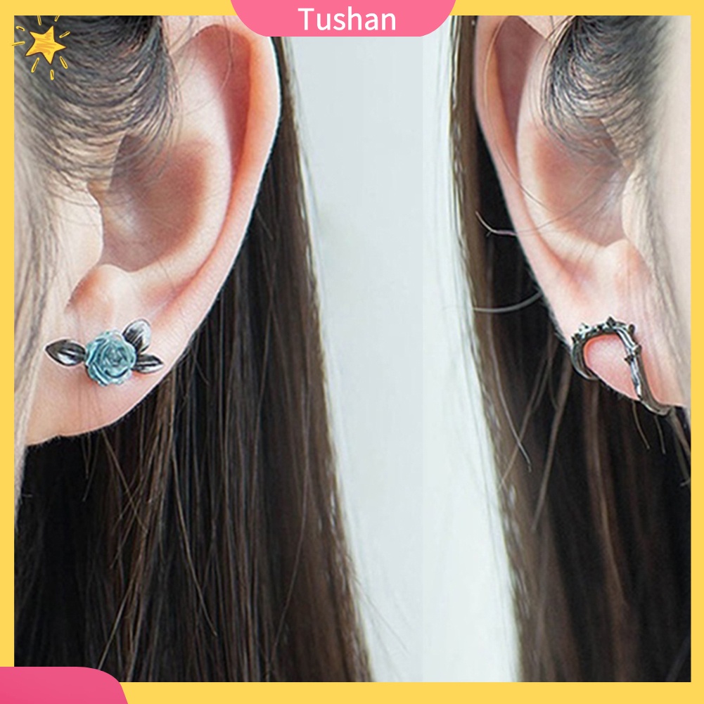 TUSH_Fashion Women Asymmetric Thorns Branch Rose Flower Ear Stud Earrings Jewelry