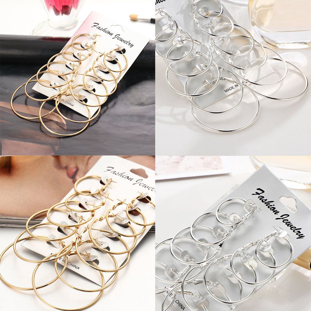 Set 6 đôi khuyên tai nữ thiết kế vòng tròn bản to nhiều kích thước thời trang