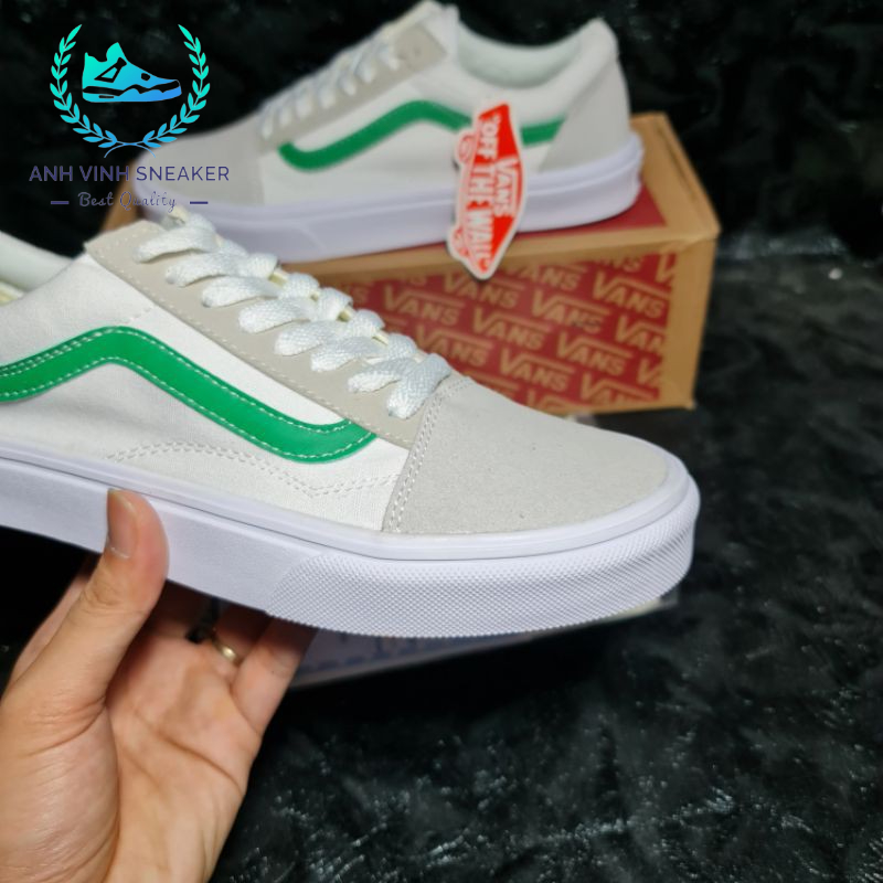 Giày Vans Old Skool White Green Trắng Sọc Xanh Lá Nam Nữ Cổ Thấp
