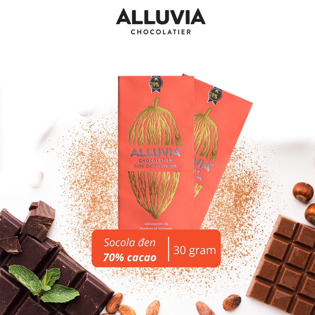 Socola đen nguyên chất đắng vừa ít ngọt Alluvia 70% cacao Việt Nam thanh nhỏ 30 gram Dark chocolate 70% less sugar