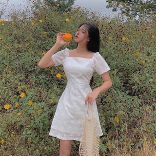 ĐẦM TRẮNG HOA CÚC CỔ VUÔNG