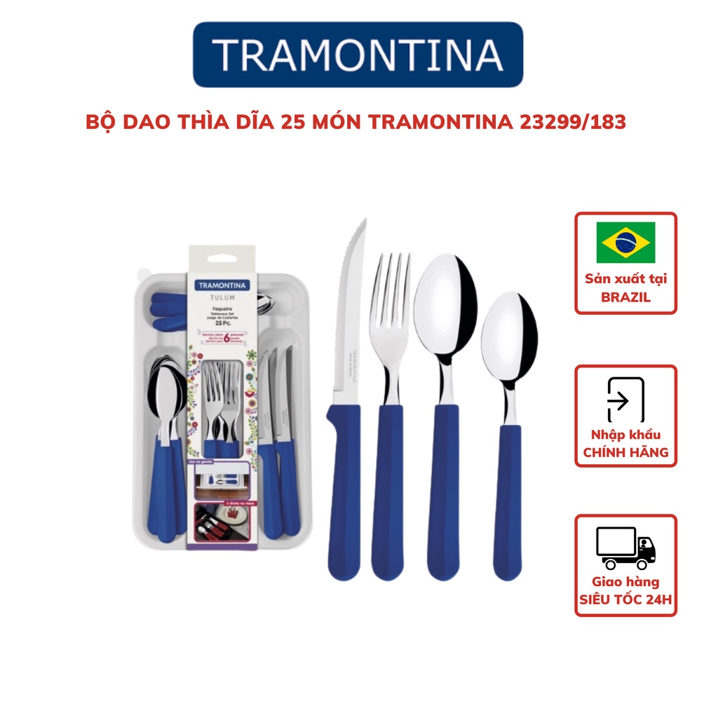Bộ dao dĩa ăn bít tết Tramontina TULUM TRA23299.183 25 món kèm khay cán nhựa PP cao cấp 3 màu nhập khẩu chính hãng Brazi