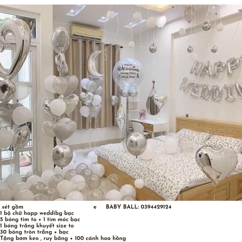 [XU HƯỚNG] Sét Bóng Trang Trí Phòng Cưới Màu Trắng Bạc Tinh Tế [ Tặng Phụ Kiện]