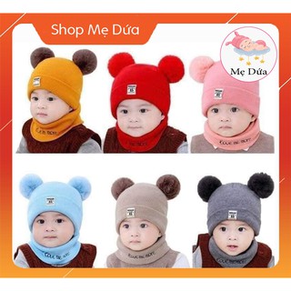 Set Mũ Len 2 Quả Bông Kèm Khăn Cho Bé 💗