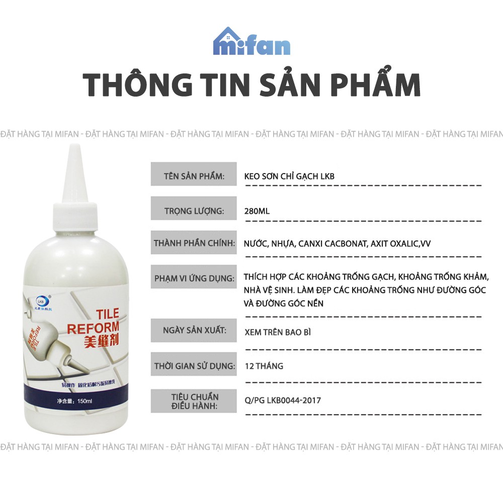 Sơn Kẻ Chỉ Gạch Cao Cấp LKB 280ml - Keo chà ron sứ làm mới mạch gạch sàn nền nhà tắm, tường, bồn rửa chén, bồn cầu-Mifan