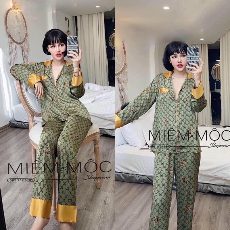 bộ pijama lụa qccc gucci xanh vàng