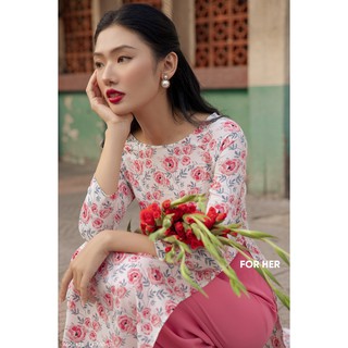 Áo dài cổ thuyền trắng hoa hồng AD01421