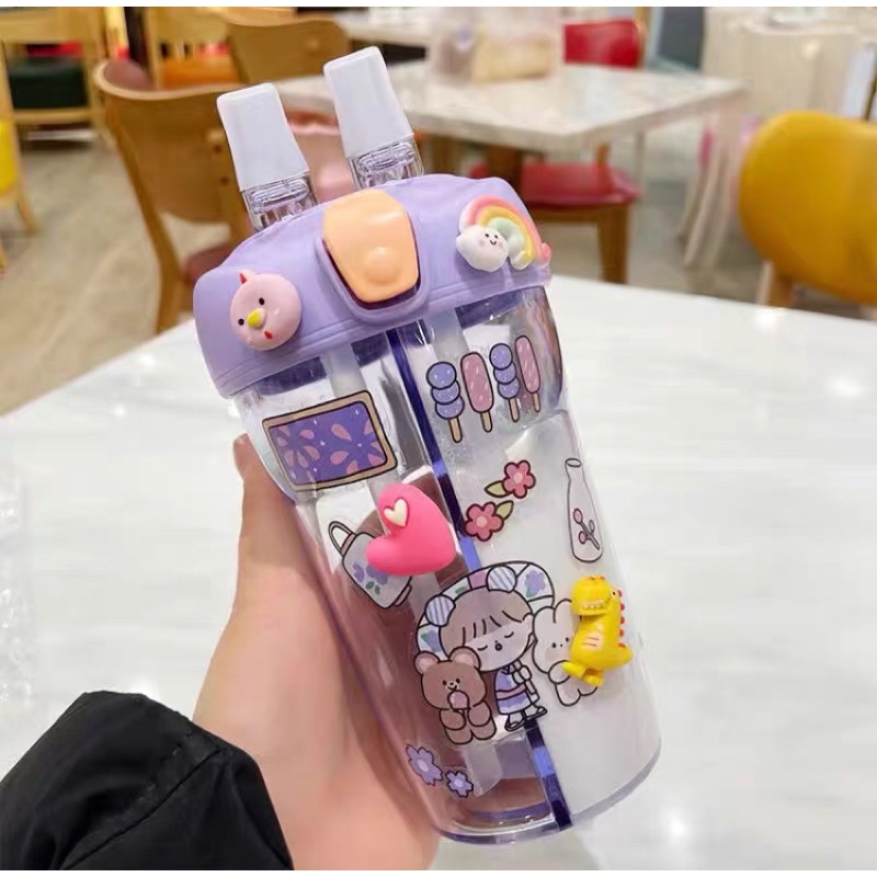 Bình nước 2 ngăn 430ml tặng kèm dán 3D và dây đeo
