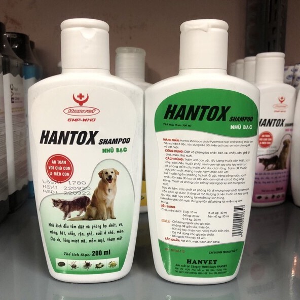 Sữa tắm trị ve rận bọ chét cho chó mèo HANTOX SHAMPOO HANVET xanh nhũ bạc  200ml